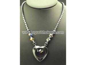 Glass Crystal Beads Hematite Open Heart Pendant Chain Choker Necklace